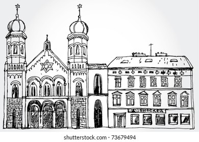 Illustration of Cozy Street with Synagogue