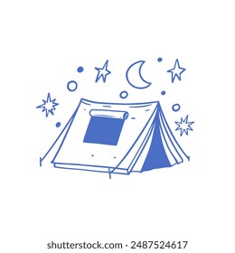 Illustration of a cozy tent under a starry night sky with a crescent moon, perfect for camping themes