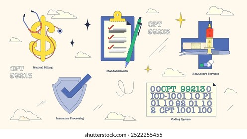 Ilustración de códigos CPT con facturación médica, estandarización y servicios de atención médica en colección de estilo de neutralismo.