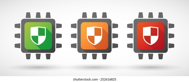 Illustration of a CPU icon set with shields