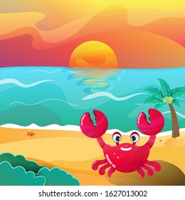  illustration of a crab animal happily on the beach in the afternoon vector  for web landing page template, banner, presentation, social, and print media. flat design vector illustration.