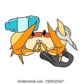 illustration of crab with big claws holding plastic trash