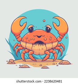 Illustration of Crab character logo mascot in  cartoon flat color vector style sea animal