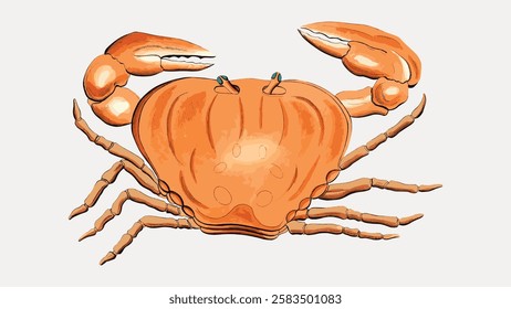 Illustration of a crab with claws raised. The crab's orange shell and detailed claws are prominent. The crab's design emphasizes its shell and claws. Vintage marine life illustration isolated, vector.