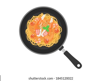 Illustration of crab pasta cooked in a frying pan.