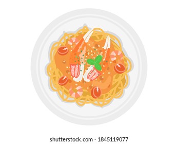 Illustration of crab pasta on a plate.