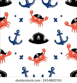 Illustration of crab pirates pattern, ship anchor, pirate hat with cute characters, flat design and white background. Suitable for wrapping paper, tablecloths, children's cloth, etc