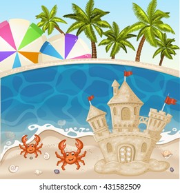 Illustration of crab and sand castle on the beach.