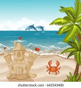 Illustration of crab and sand castle on the beach. 