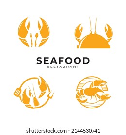 illustration of a crab shaped cooking pot for Seafood and lobster logo design with frying pan.