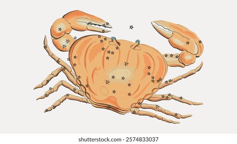 Illustration of a crab with star patterns. The crab is orange with detailed claws. Stars on the crab add a whimsical touch. Orange crab with stars. Vintage animal illustration isolated, vector.