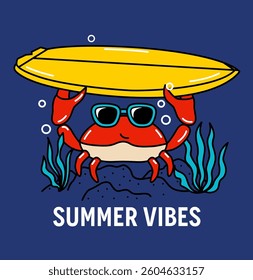 ILLUSTRATION OF A CRAB WITH A SURFBOARD
