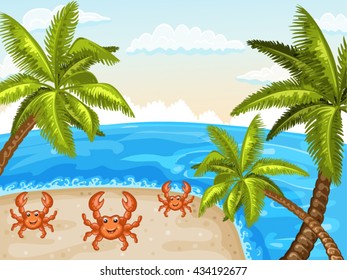 Illustration of crabs and palm tree on the beach.