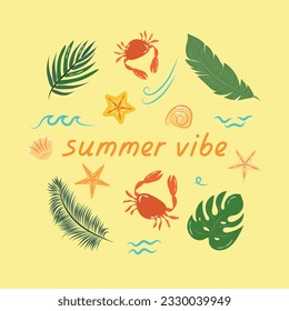 Illustration with crabs shells and tropical leaves The inscription Summer vibe