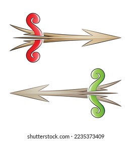 Ilustración de la flecha rota y el arco en colores rojo y verde aislados en un fondo blanco