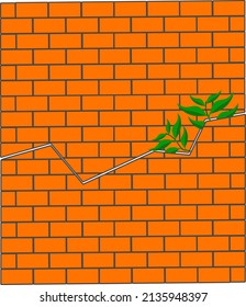 illustration of cracked brick wall overgrown with wild trees, Broken and cracked wall background.
