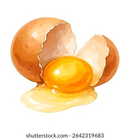 Ilustração de um ovo de galinha marrom rachado com gema visível e fragmentos de casca. Ideal para uso em receitas culinárias, conteúdo nutricional, embalagem de alimentos ou marca de produto orgânico.