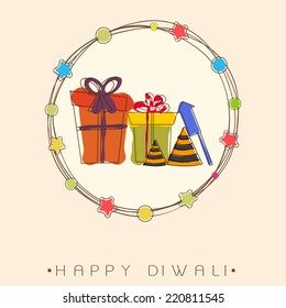 Illustration of crackers and gift in a circle of stars decorated on light pink background. 