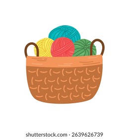 Illustration of a craft basket with skeins of yarn and knitting needles. Knitting tools. Handicraft, hobby, hand knitting. Coziness concept.