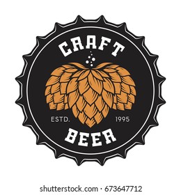 Illustration Of Craft Beer Bottle Cap With Hops For Pub, Bar, Brewery, Restaurant. Vector Emblem, Label, Logo, Stamp, Badge.