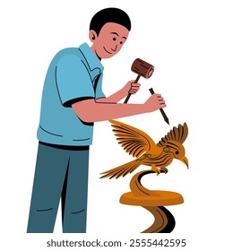 Illustration of Craftsman Carving a Traditional Wooden Statue