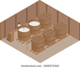 Illustration of craftsmen brewing sake in an isometric sake brewery