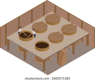 Illustration of craftsmen making soy sauce in an isometric soy sauce brewery