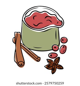 Illustration of cranberry sauce in a bowl with cinnamon sticks, cranberries, and a star anise spice, evoking warm and festive culinary themes