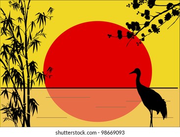 illustration with crane in bamboo