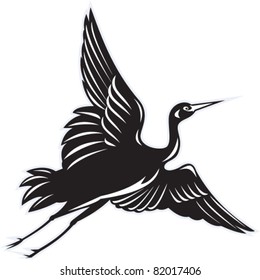 illustration of a Crane flying done in retro woodcut style on isolated white background