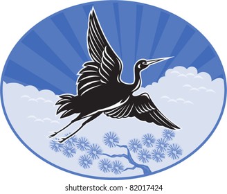 illustration of a Crane flying with pine tree clouds and sunburst in background set inside an oval done in retro style.