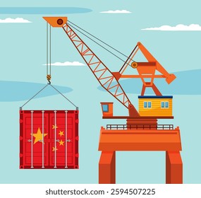 Illustration of crane lifting a Chinese shipping container