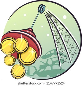 Illustration of a Crane Magnet Pulling Gold Coins in the Junkyard