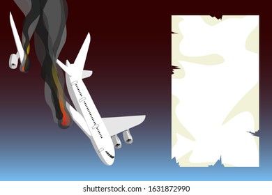 Illustration - The crash, catastrophe of a passenger plane, an airliner. A plane with a destroyed burning wing, engine falls to the ground, down. with template blank paper for inscriptions.