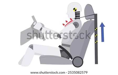 Illustration of a crash test dummy during a simulated vehicle impact, likely representing a study of whiplash or neck injury prevention. Vector Flat Illustration