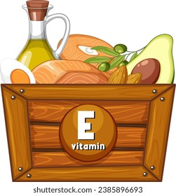 Illustration of a crate filled with various food items rich in Vitamin E for educational purposes