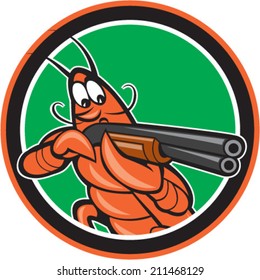 Illustration of a crayfish lobster aiming pointing shooting shotgun on isolated background set inside circle done in cartoon style.