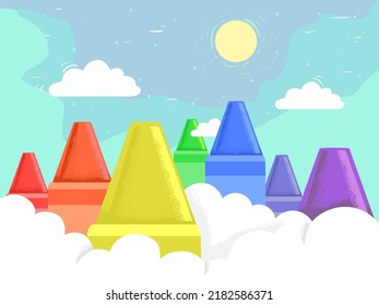 Illustration of Crayons as Mountains Among Clouds