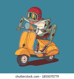 Illustration of crazy frog riding retro scooter