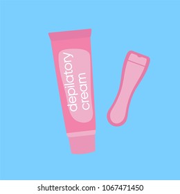 Illustration of cream for depilation and spatula to remove.Flat style with bright colors.
