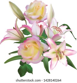 illustration with cream lily and pink rose isolated on white background
