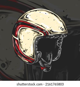 illustration of a cream motorcycle helmet in a vintage style