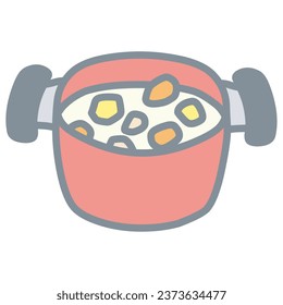 Illustration of cream stew in a red two-handled pot simply deformed.