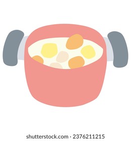 Illustration of cream stew in a red two-handled pot simply deformed.