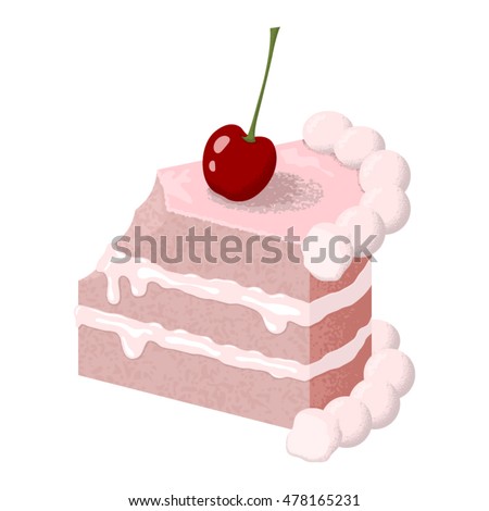 Illustration of creamy slice of cake with a piece bitten off. Isolated on white