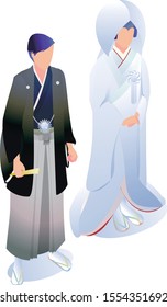 An illustration created by isometric projection of a woman wearing a pure white kimono at a traditional Japanese wedding ceremony.