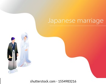 An illustration created by isometric projection of a woman wearing a pure white kimono at a traditional Japanese wedding ceremony.