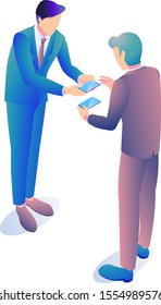 An Illustration Created By Isometric Projection Of A Salesman Exchanging Business Cards.