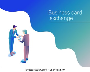 An illustration created by isometric projection of a salesman exchanging business cards.