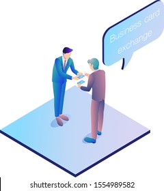 An illustration created by isometric projection of a salesman exchanging business cards.